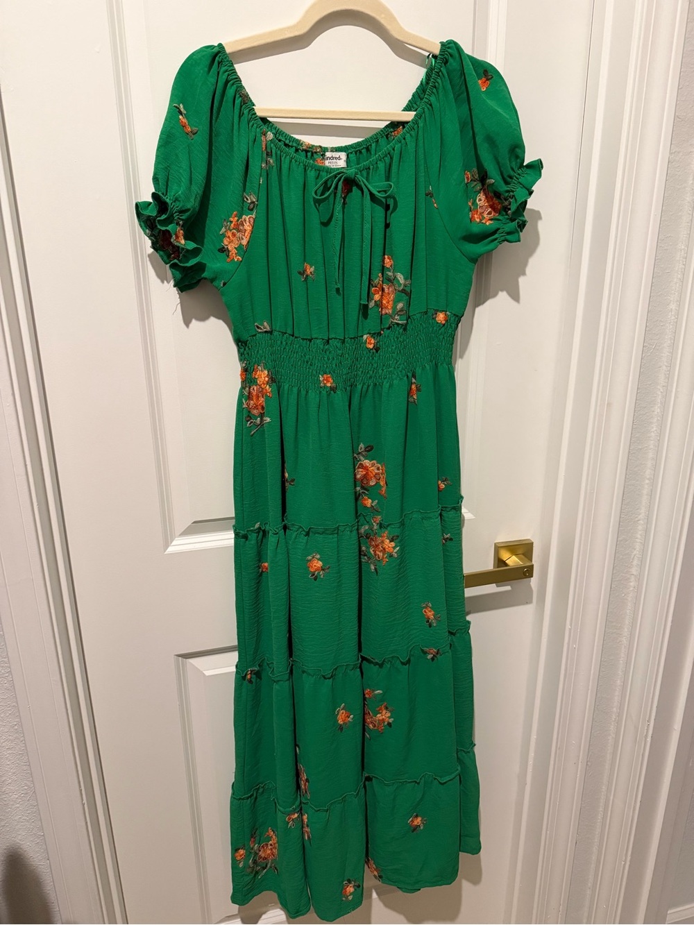 Anthropologie Green Orange Embroidery Floral Tiered Puff Off Shoulder Maxi Dress